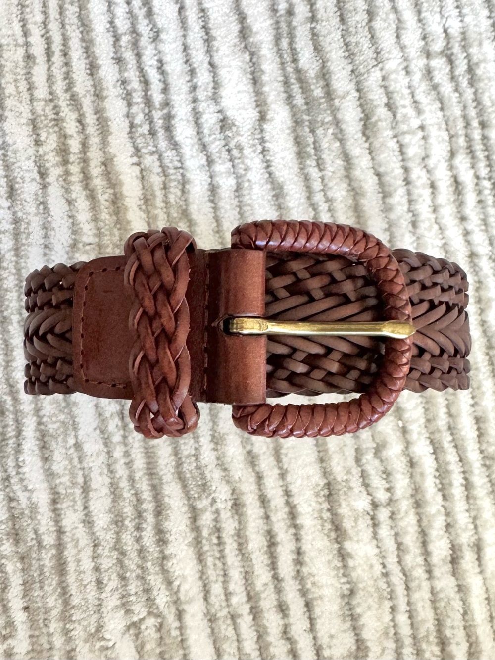 Cognac Brown Woven Leather Belt Herringbone Braid Woven Buckle Brass Pin Buckle